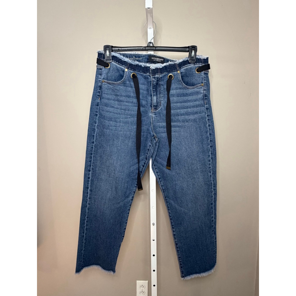 Women's Liverpool Blue Mid-Rise Straight Jeans with Black Drawstring Size 12